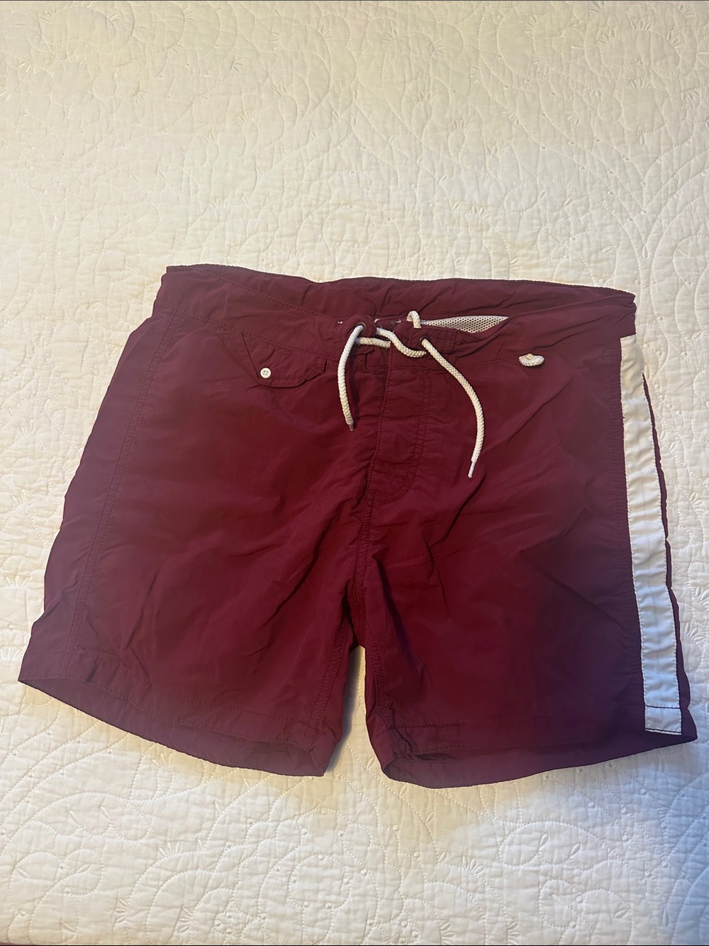 H&M Burgundy Swim Shorts with White Drawstring and Side Stripe